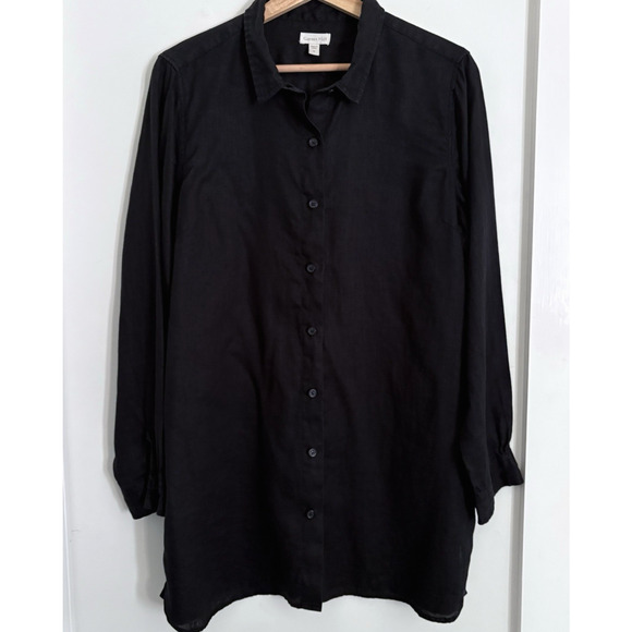 Garnet Hill Black Easy Linen Tunic Top Sz M Long Sleeve Button Up Minimalist - Picture 1 of 15